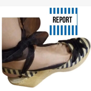 Report striped espadrille sandals wedges with organza ties 10‎